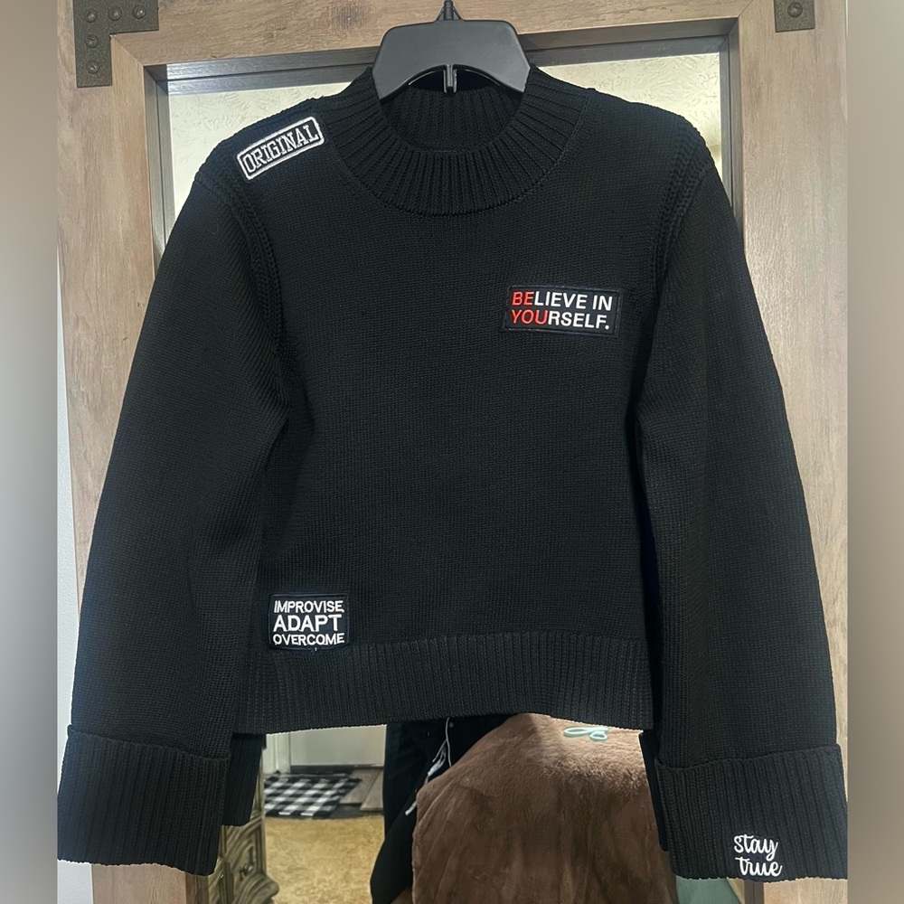 Black Sweater with Motivational Patches